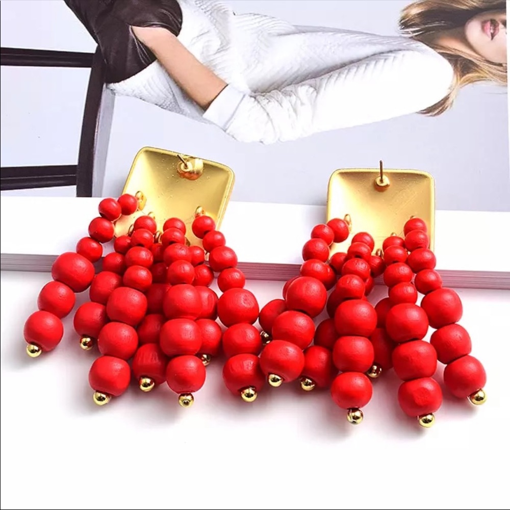 Red Beaded Drop Earrings - Picture 3 of 8